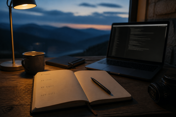 Notebook and laptop on a dim travel desk — writing in plain text.