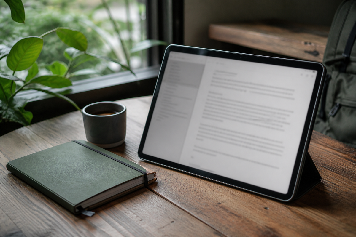 Calm desk with tablet and notebook — write anywhere mood.