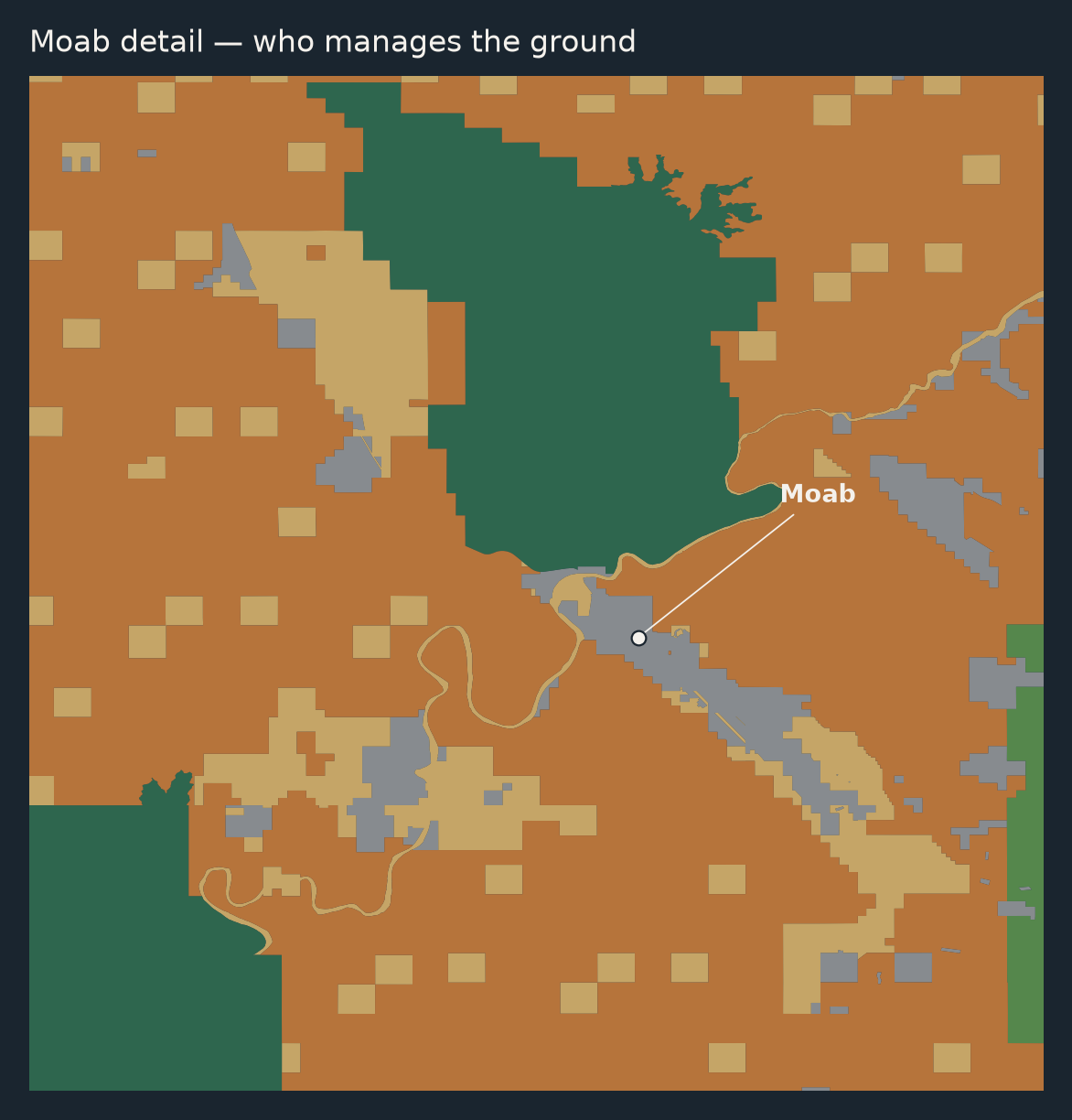 Detail map of land managers nearer to Moab.