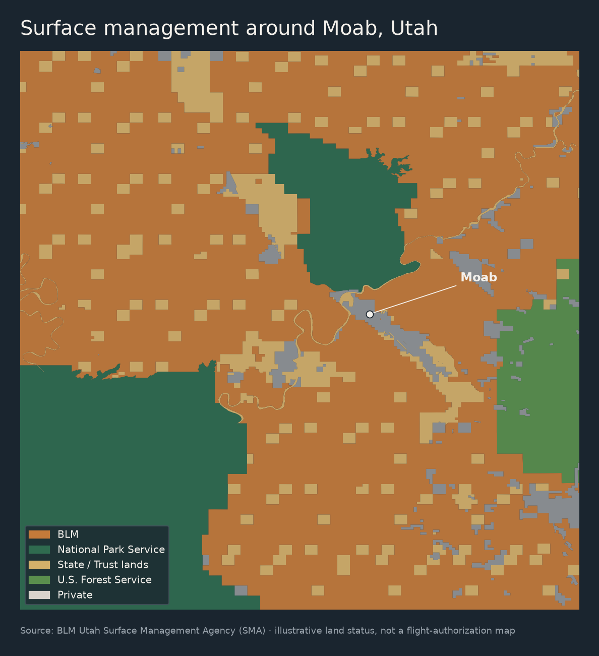Map of BLM and other surface managers around Moab, Utah.
