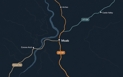 Moab routes map (wide) — 191, 128, Potash