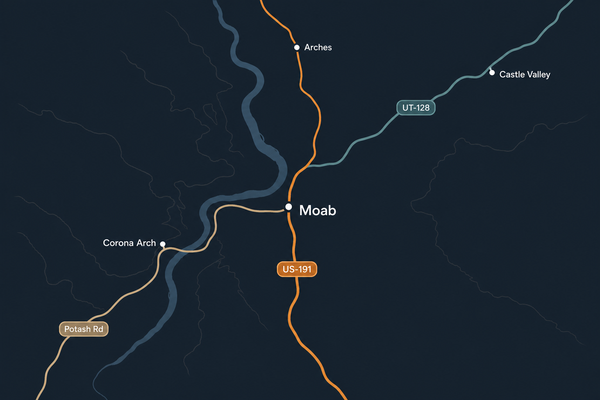 Moab routes map (wide) — 191, 128, Potash