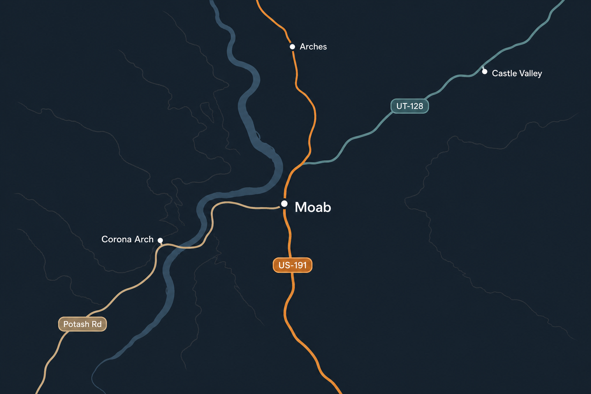 Moab routes map (wide) — 191, 128, Potash